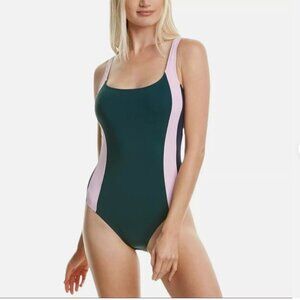 Tory Burch Green Pink and Navy Colorblock One Piece Swimsuit